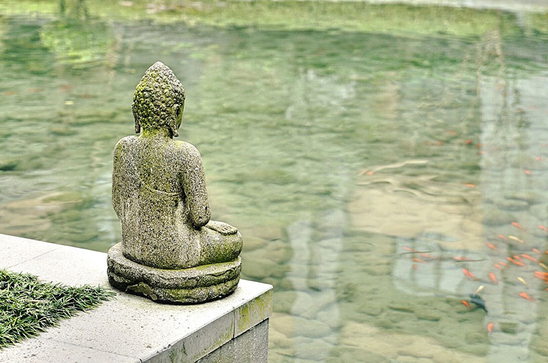Buddha statue overlooking pond