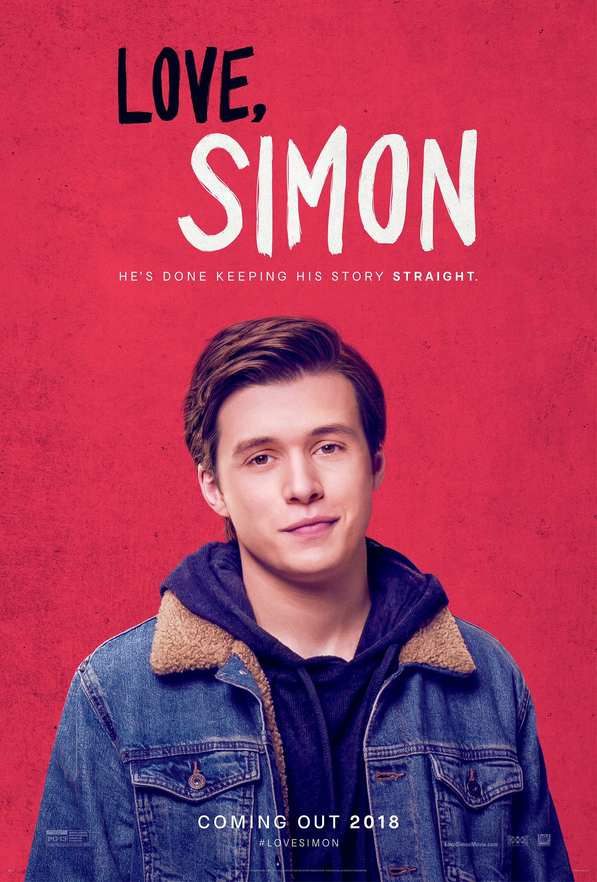 "Love, Simon" movie cover with young male standing in the middle of a red background with title above his head.