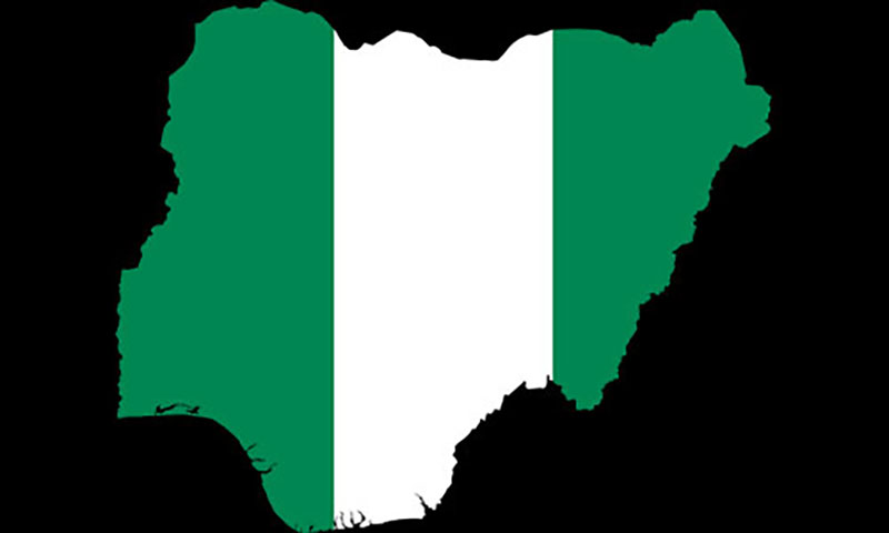 Map outline of Nigeria with green and white national flag