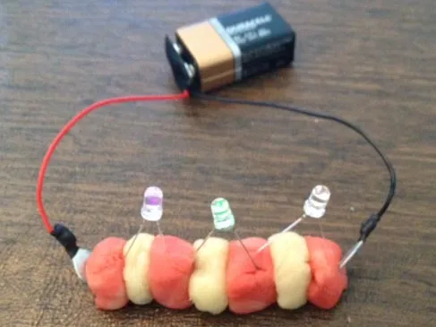Playdough creation with LEDs, battery, and wires