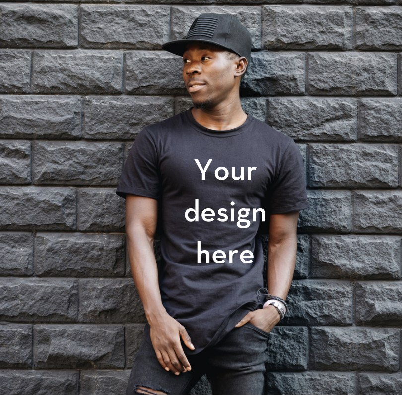 Man wearing t-shirt that reads "your design here"