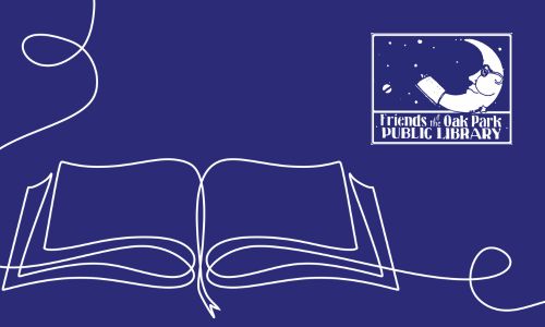 Friends of the Oak Park Public Library logo alongside a graphic of a book