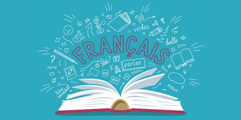 Francais written above an open book, surrounded by French phrases