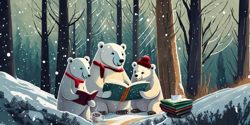 Polar bears wearing red scarves reading books together and drinking hot chocolate in a snowy forest