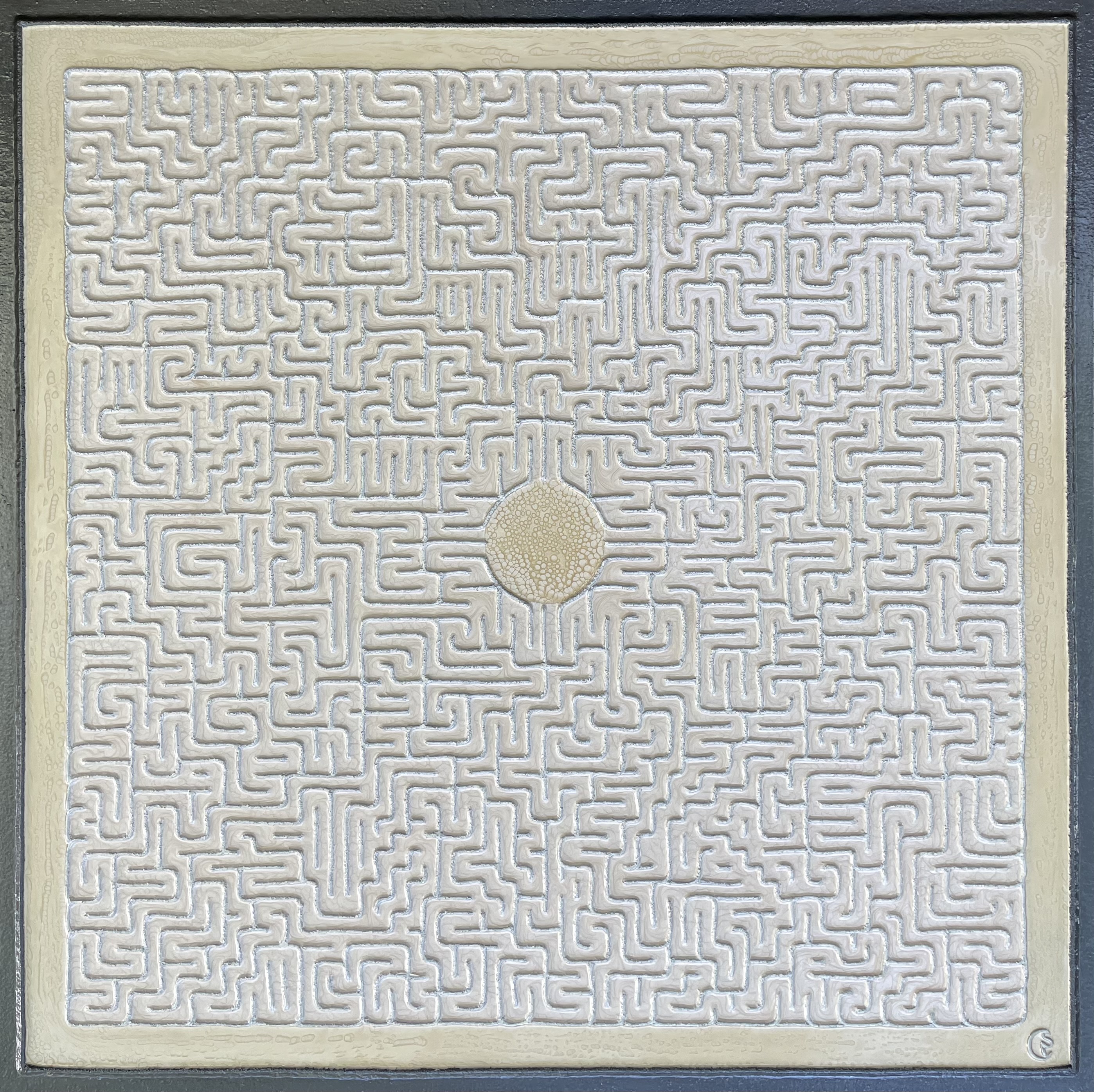 'sensation of choosing', a yes maze, cotton cord, acrylic, reactive oil on canvas, 36"x36", 2022