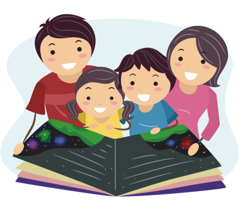 Two adults and two children smiling while reading a book