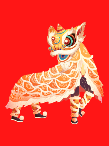 Graphic image of Orange Asian Dragon Dance against Red backdrop