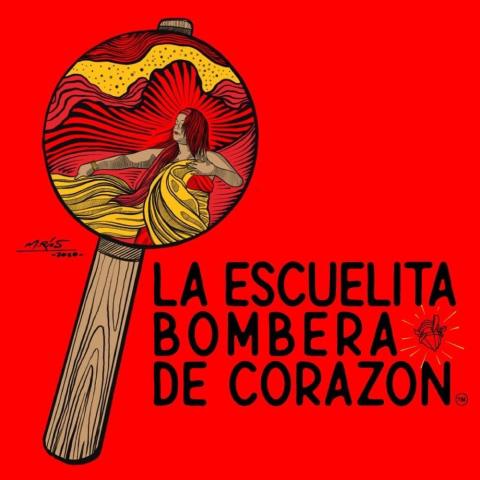 La Escuelita Bombera de Corazon, red background and a musical instrument. 