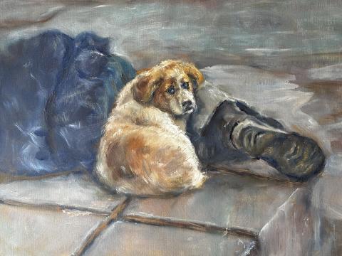 Painting depicting a dog curled up next to what appears to be a person lying on the ground. The dog looks forlornly back at the viewer.