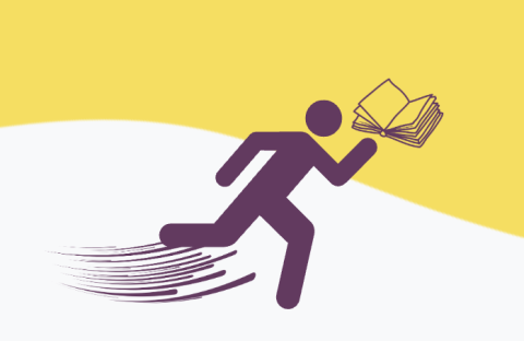 Image of stick figure running while holding a book.