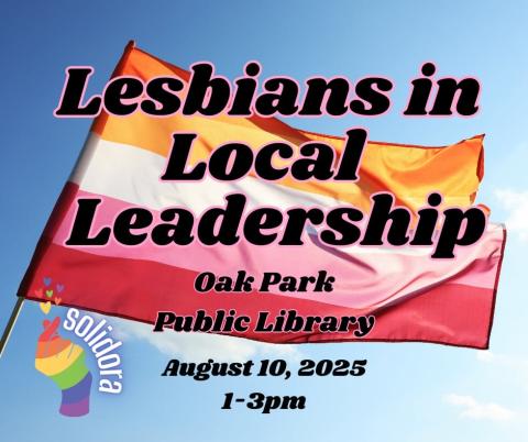 Program details and Solidora logo in front of the Lesbian Pride flag
