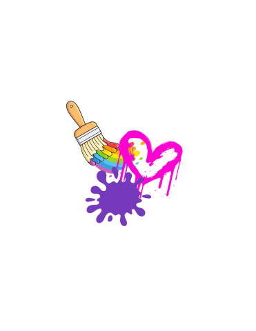 An illustration featuring a paintbrush with rainbow colors next to a pink dripping heart and purple paint splatter.