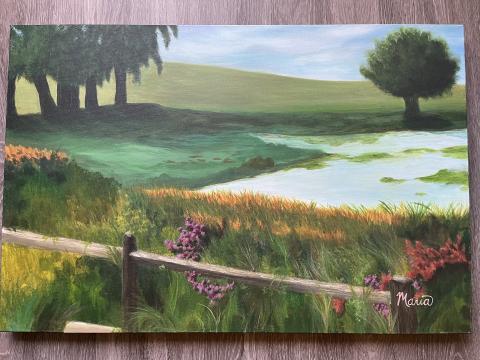 A painting of a grassy field and lake