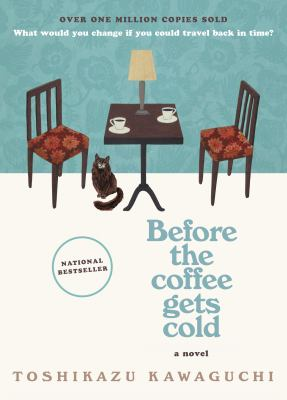 Before the Coffee Gets Cold cover showing two chairs and one table with a lamp along with a cat