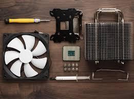 PC parts spread out on a wood table