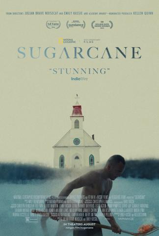 poster from Sugarcane movie depicting person digging in front of a church