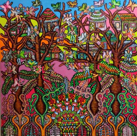 "Fairy Village" (2024) Mixed Media  24" X 24"