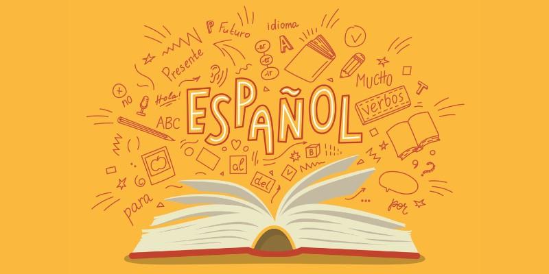 Espanol written about open book, surrounded by Spanish phrases