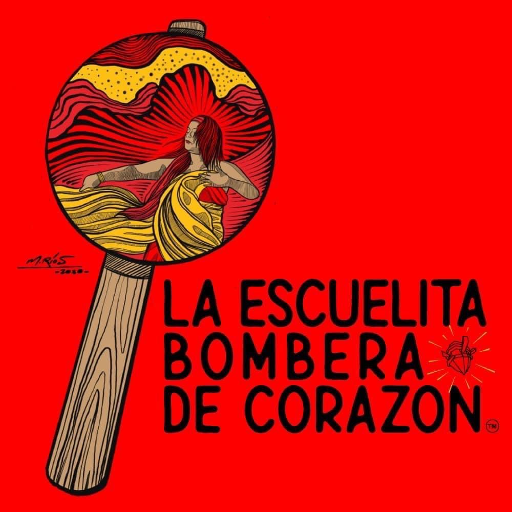 La Escuelita Bombera de Corazon, red background and a musical instrument. 