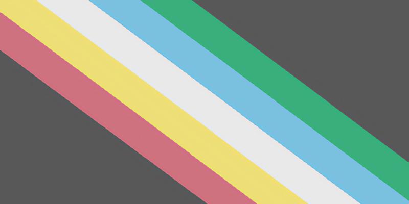 Diagonal stripes red, yellow, white, blue and green across a dark gray background