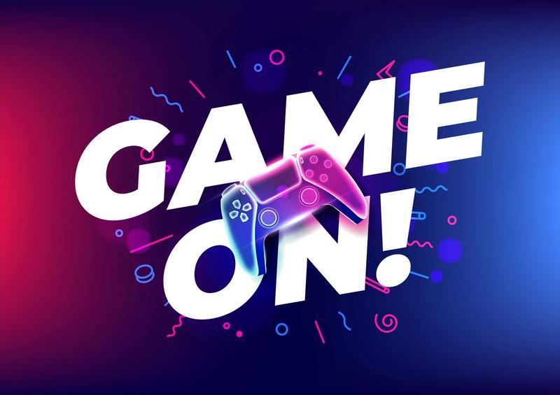 "Game on" white text with a game controller in the center