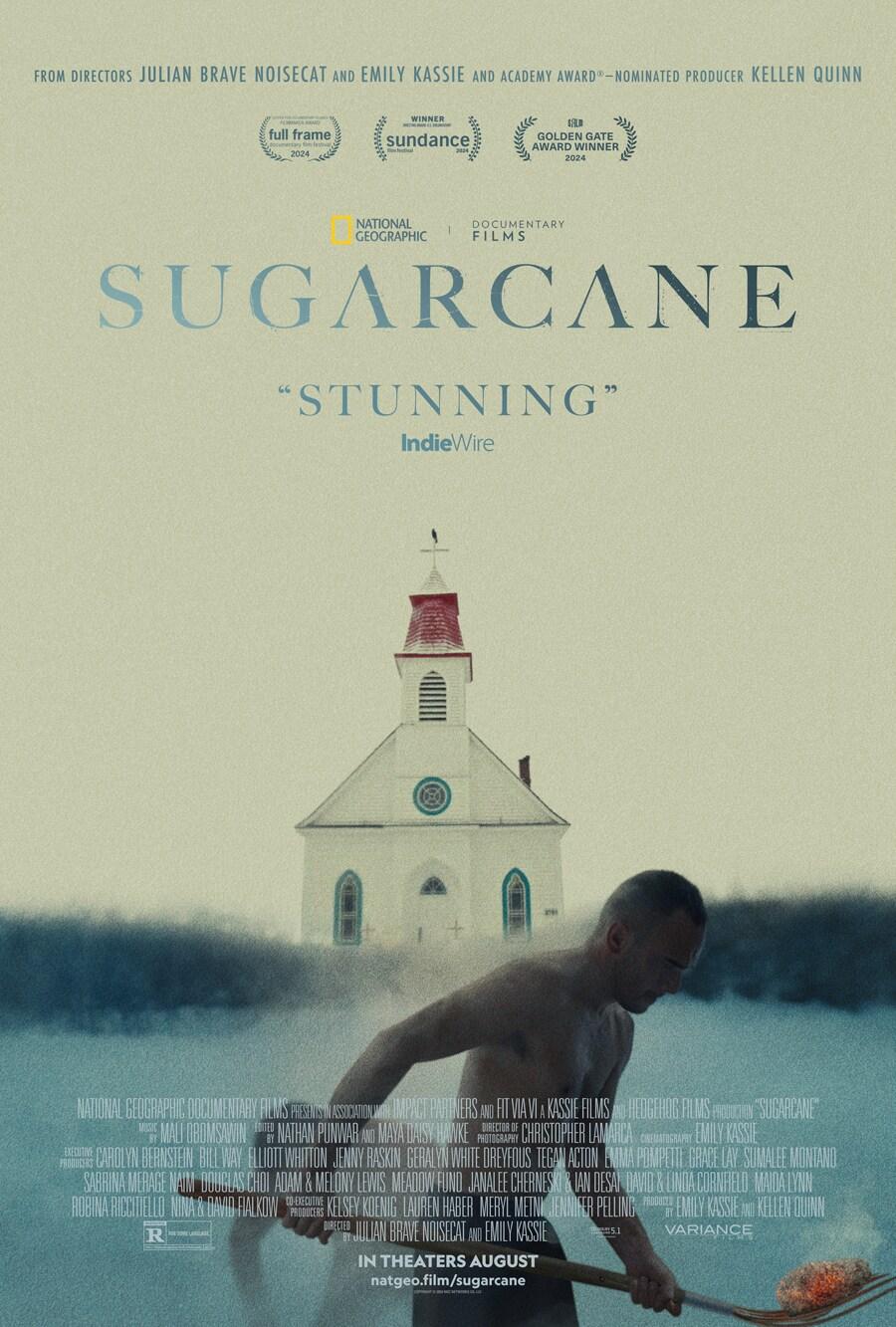 poster from Sugarcane movie depicting person digging in front of a church