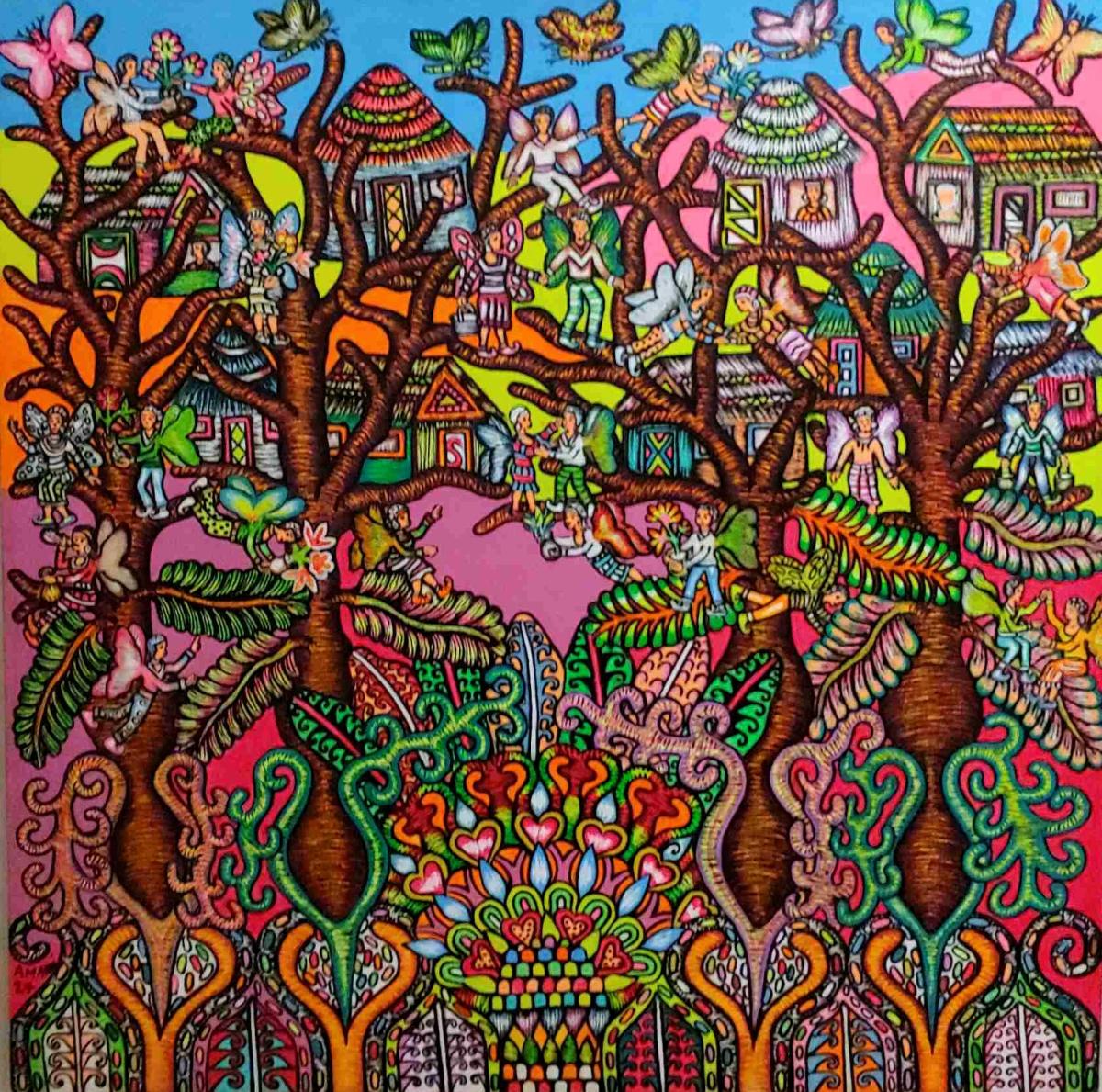 "Fairy Village" (2024) Mixed Media  24" X 24"